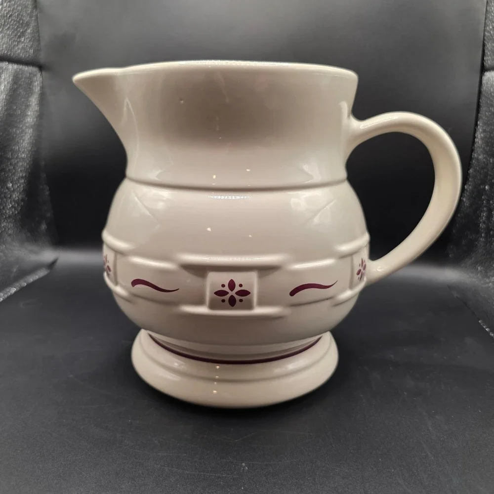 Longaberger Pottery Woven Traditions Ivory Heritage Pitcher Burgundy Made in USA
